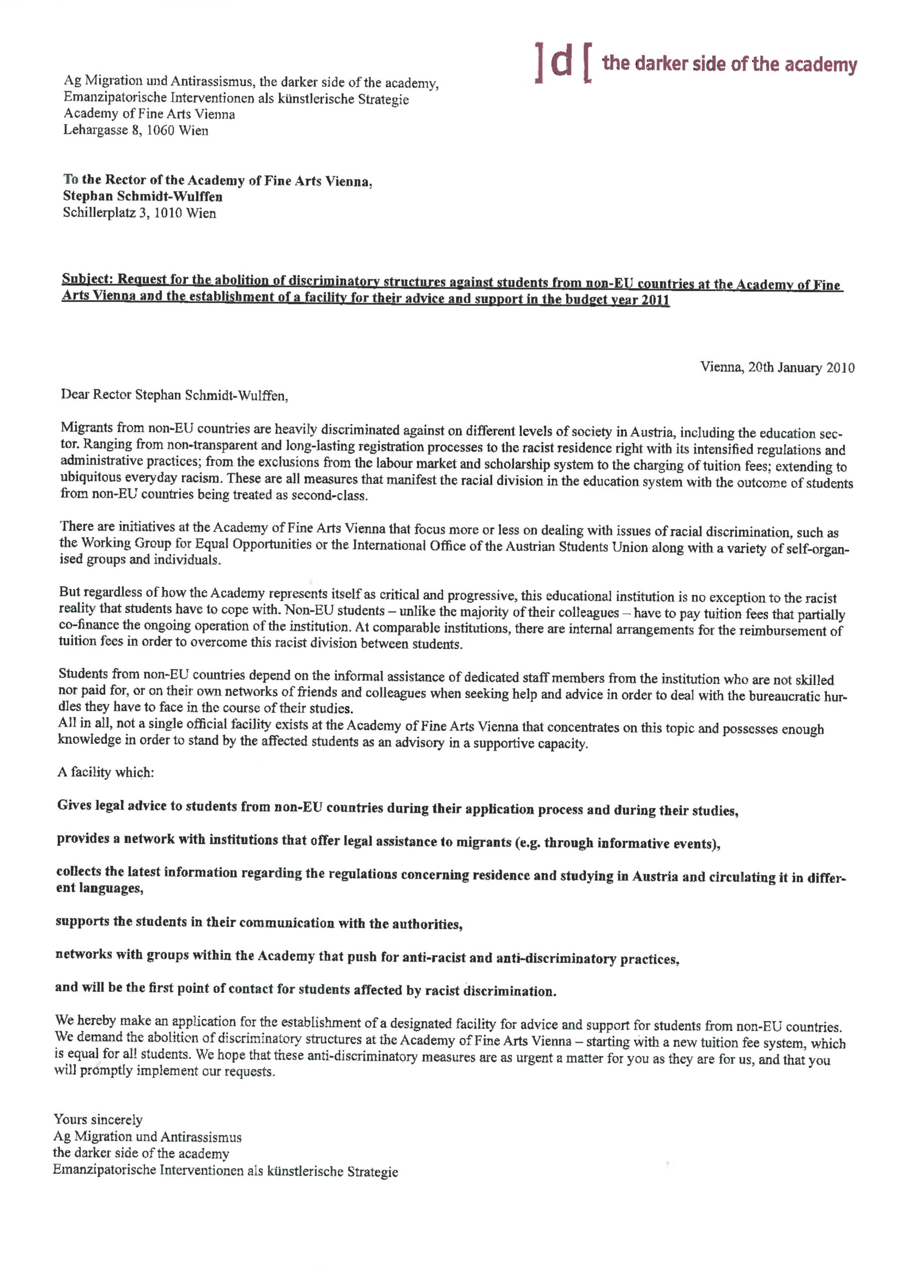 Open letter read in front of the office of the rector of the Akademie der bildenden Künste and handed to the secretary, together with hundreds of signatures.