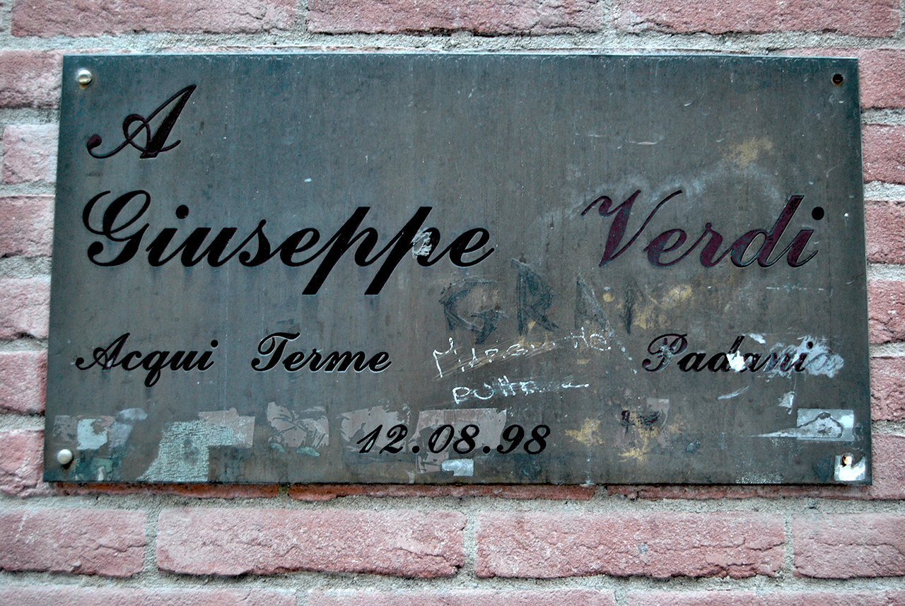 Giuseppe Verdi theater's plaque. On the ride side you can read the word "Padania", the term used by the Lega Nord to refer to an area in the North of Italy.